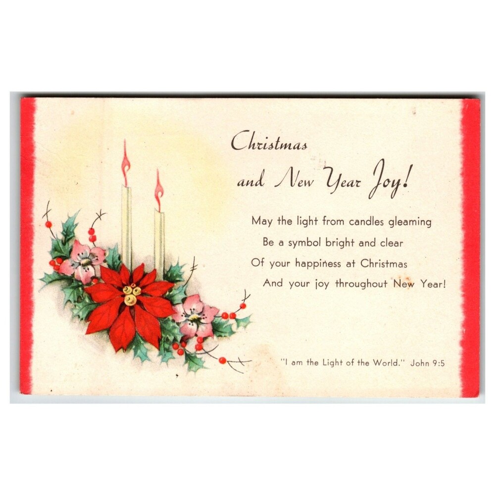 1941 Christmas New Year Joy Postcard with Candles Poinsettias & Holly